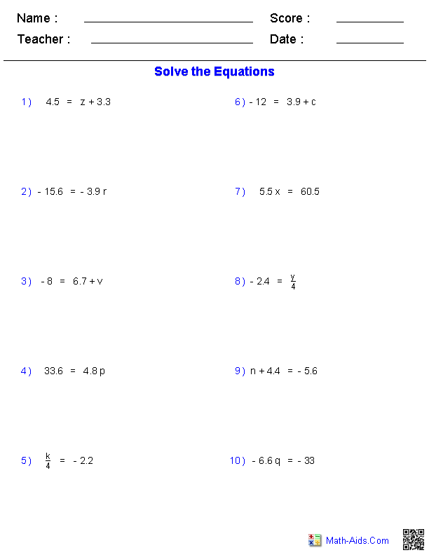 63 Single Step Equations Worksheet 63