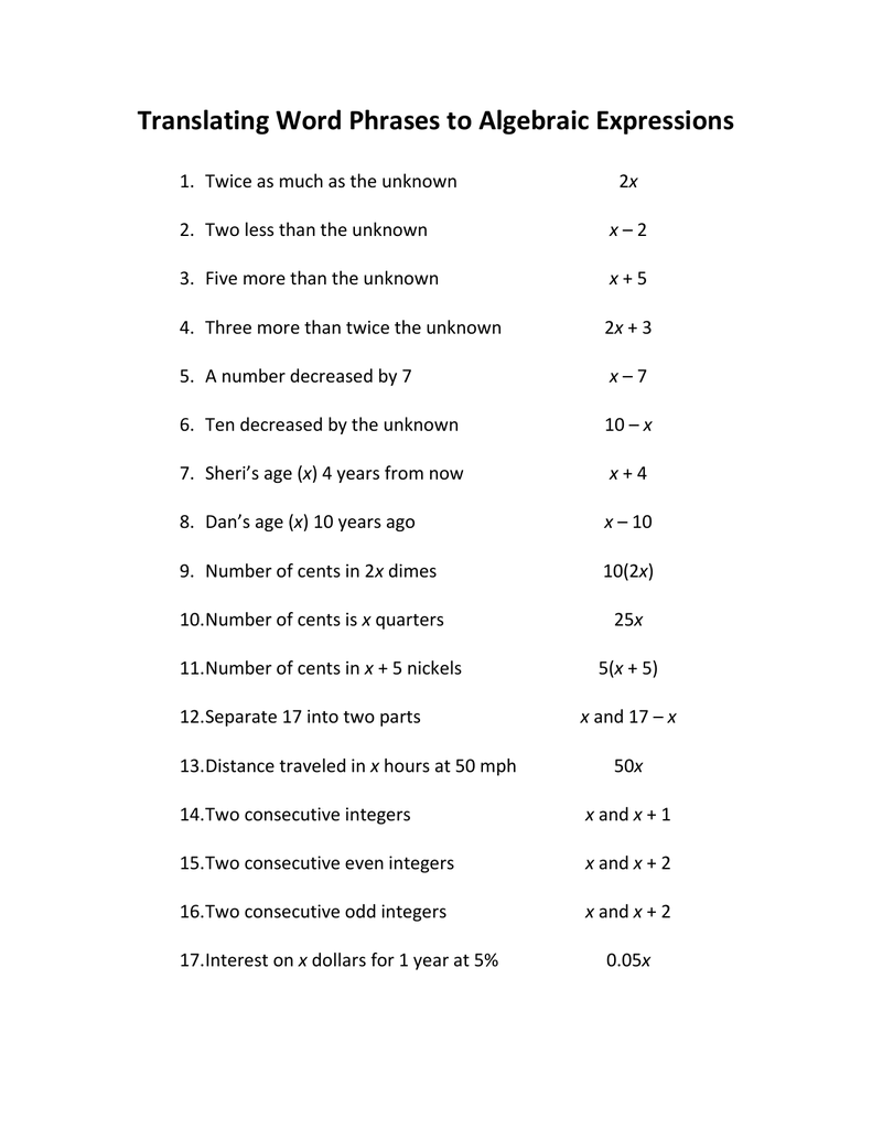 60 Translating Expressions Worksheets Pdf 10