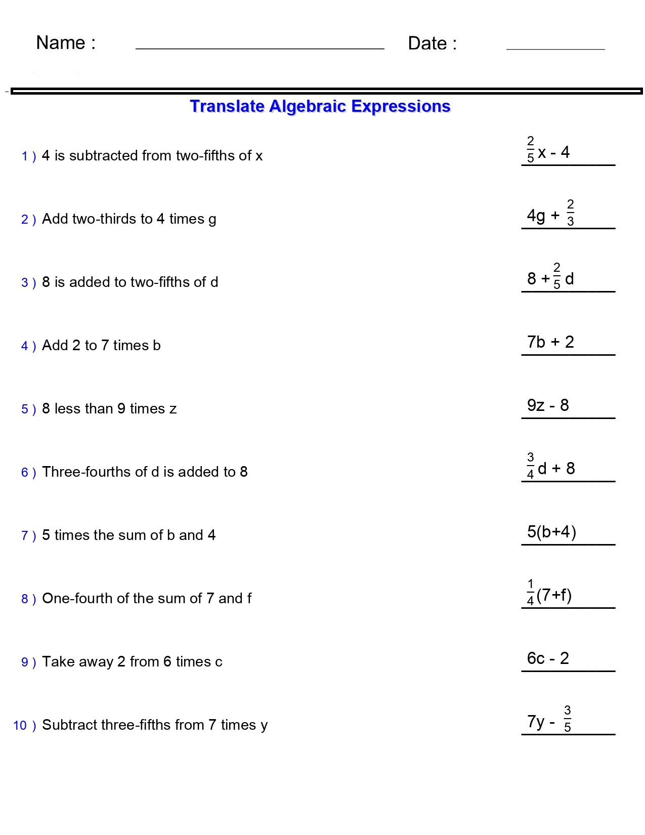 60 Translating Expressions Worksheets Pdf 20