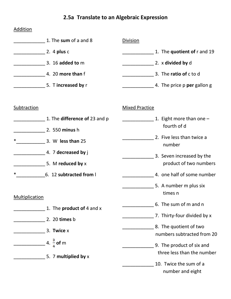 60 Translating Expressions Worksheets Pdf 40