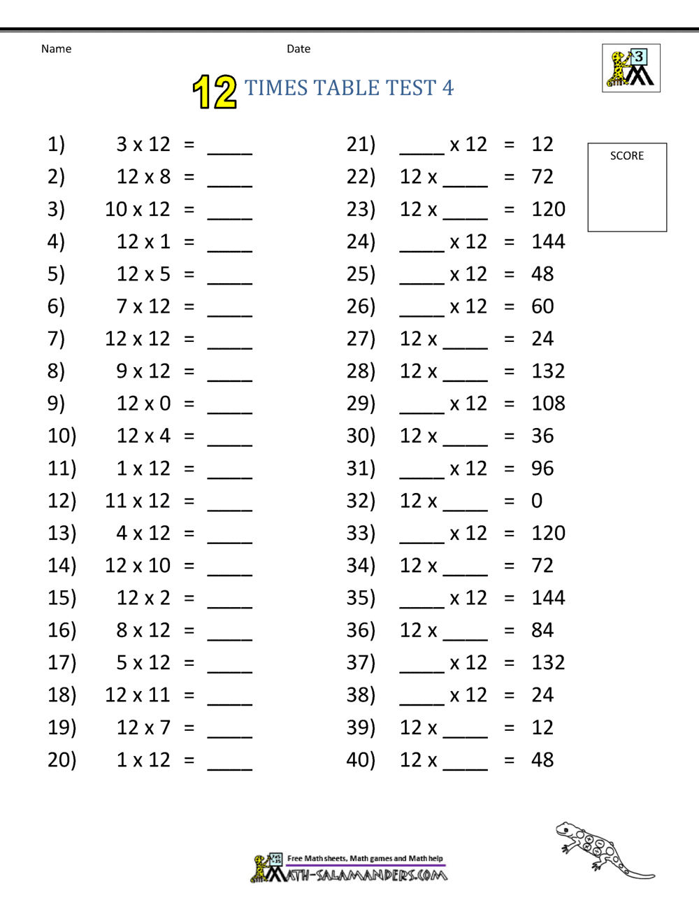 80 Printable 12 Times Table Worksheets 12