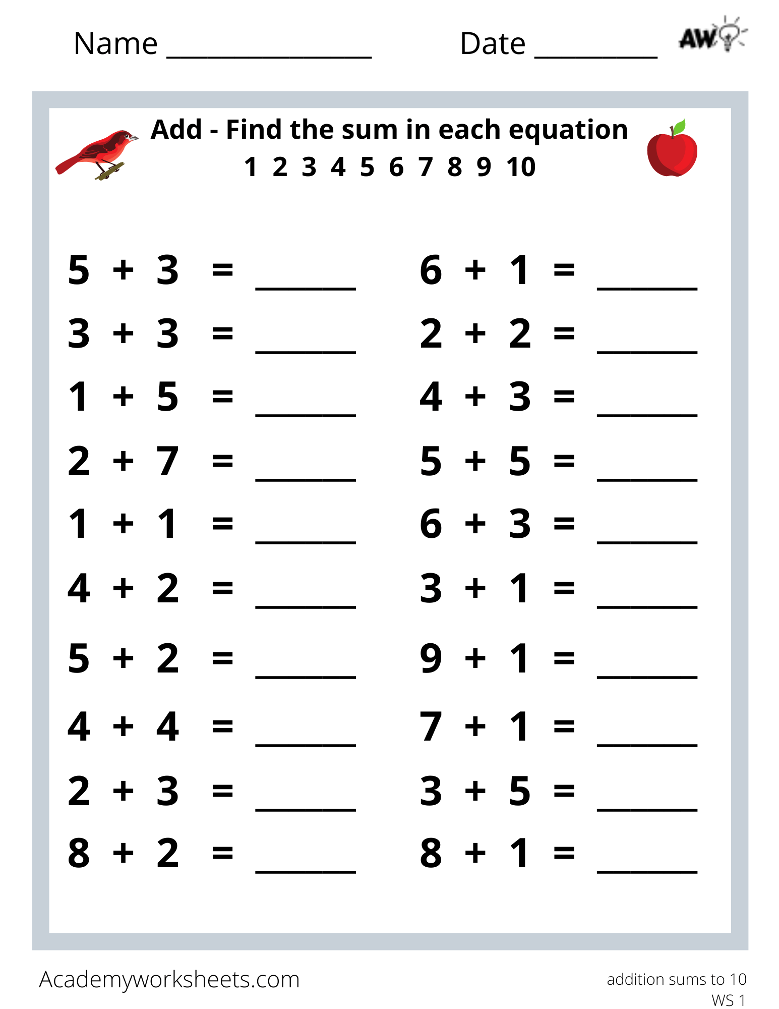 80 Printable Addition Within 10 Worksheets 72