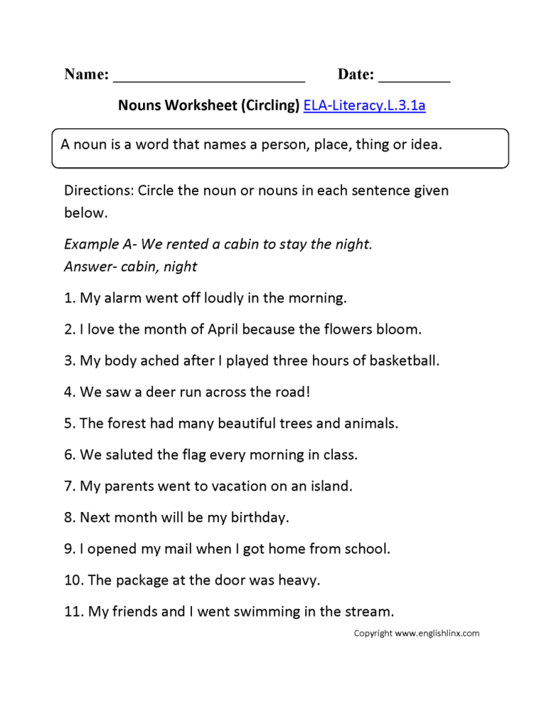 80 Printable Identify The Nouns Worksheets 7