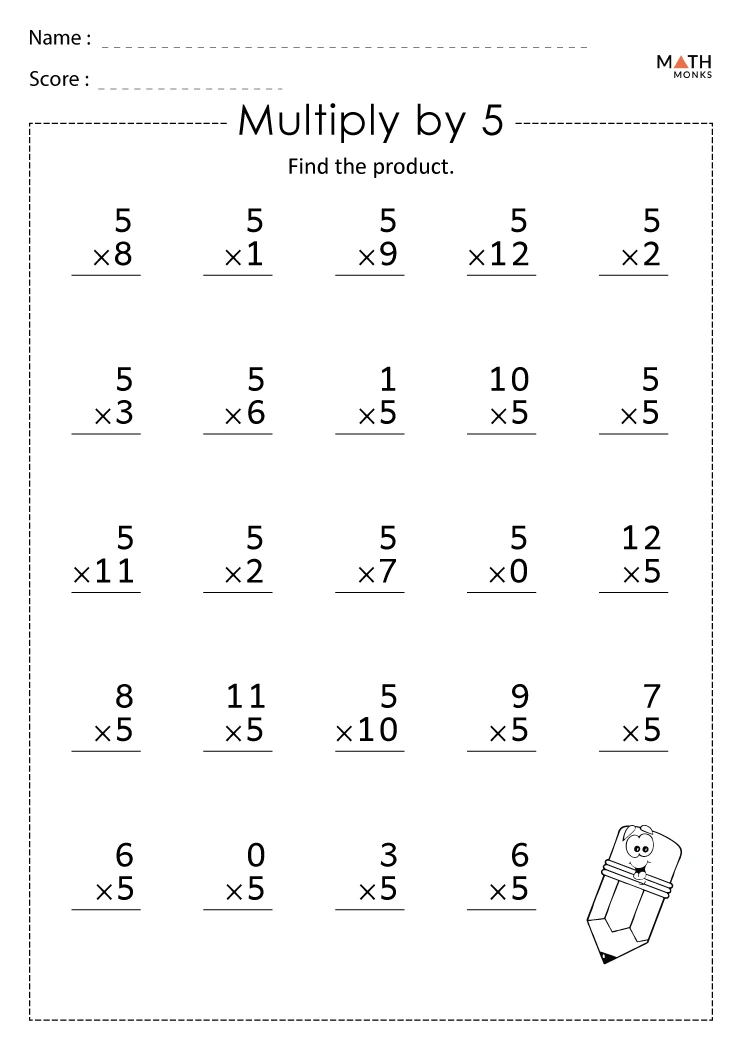 90 Multiplying By 5 Worksheets 1