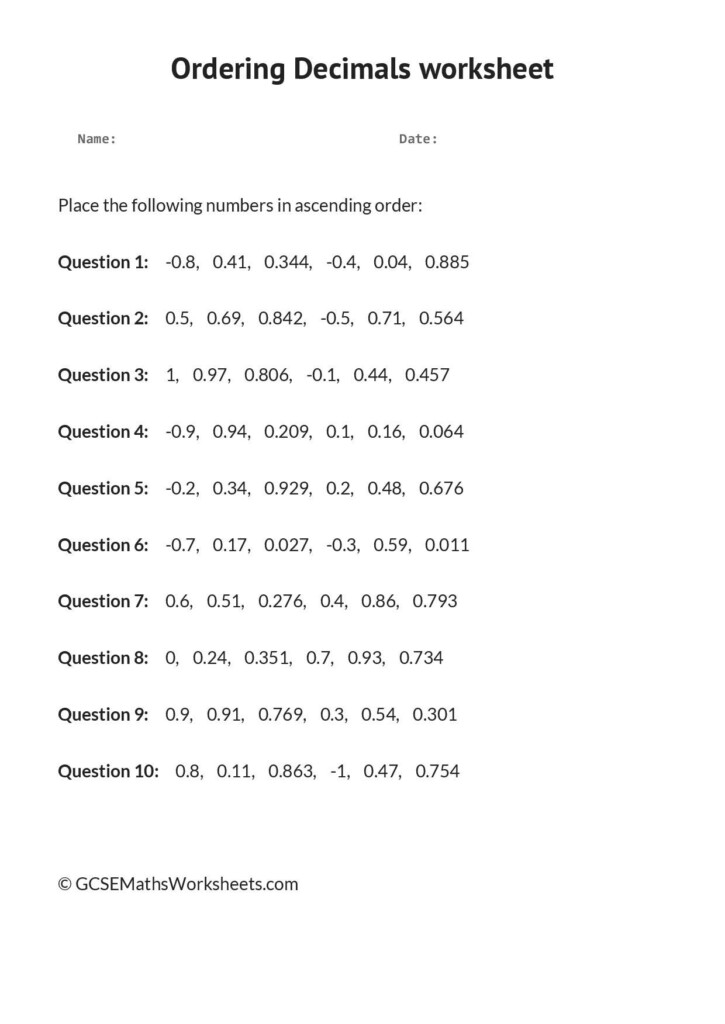 Get 85 Ordering Of Decimals Worksheets Ideas 10