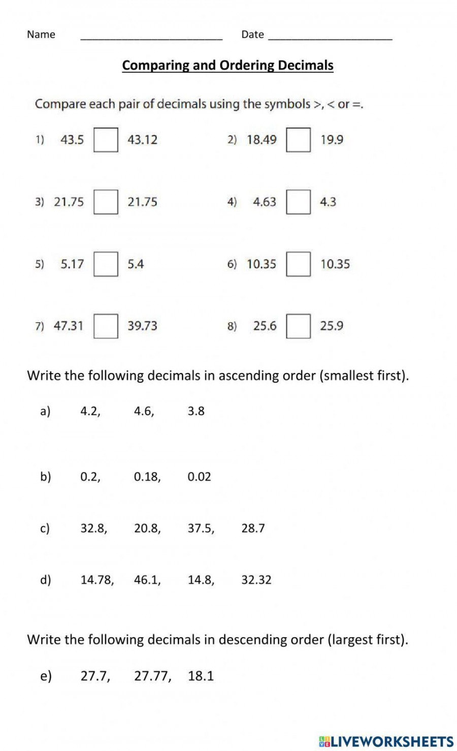 Get 85 Ordering Of Decimals Worksheets Ideas 84