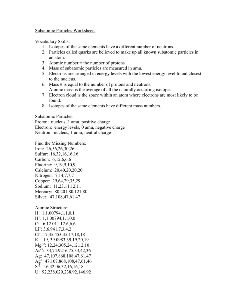 Save 85 Subatomic Particles Worksheets Answers 17