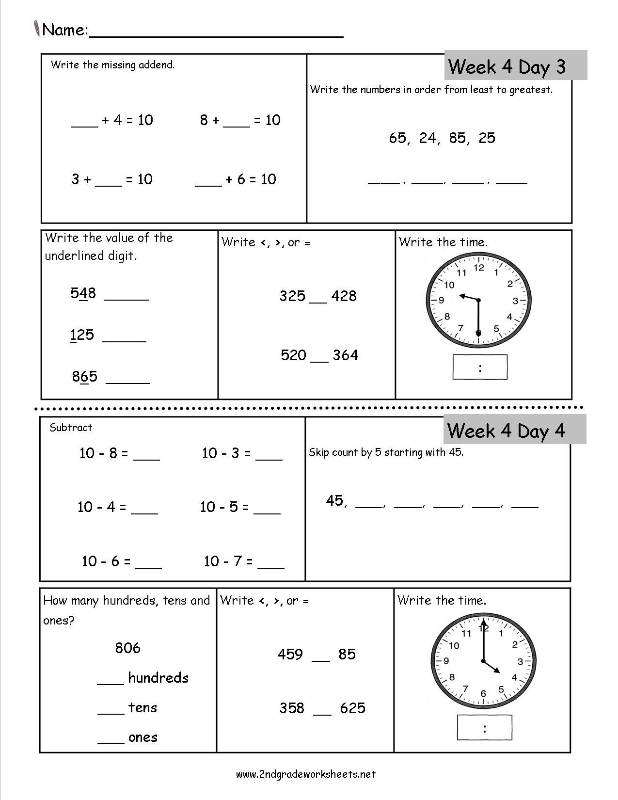 30 2Nd Grade Math Worksheets Free Addition And Subtraction Workshee