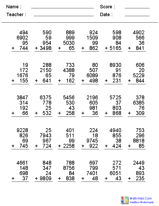 30 Addition Worksheets 7 Digits