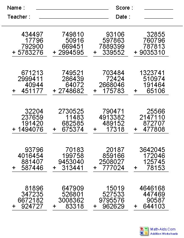 30 Addition Worksheets 7 Digits