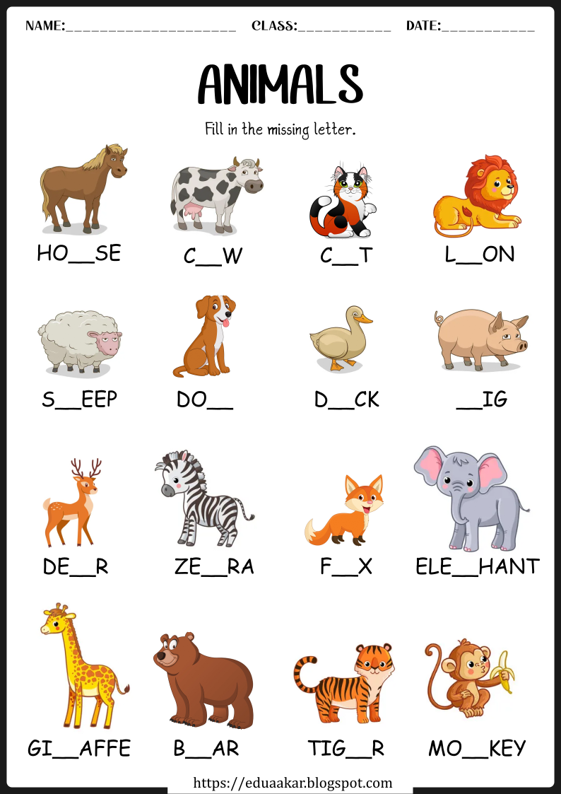30 English Worksheets For Kids Kindergarten Animals
