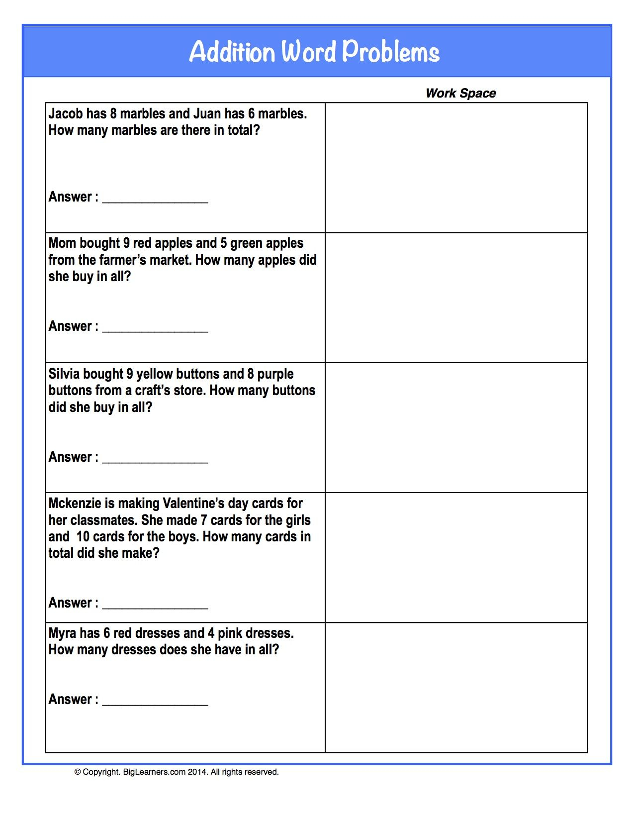 30 Kindergarten Math Worksheets Addition Word Problems 1