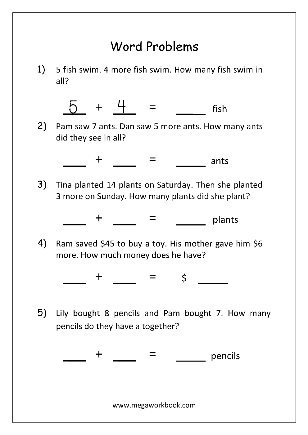 30 Kindergarten Math Worksheets Addition Word Problems 1