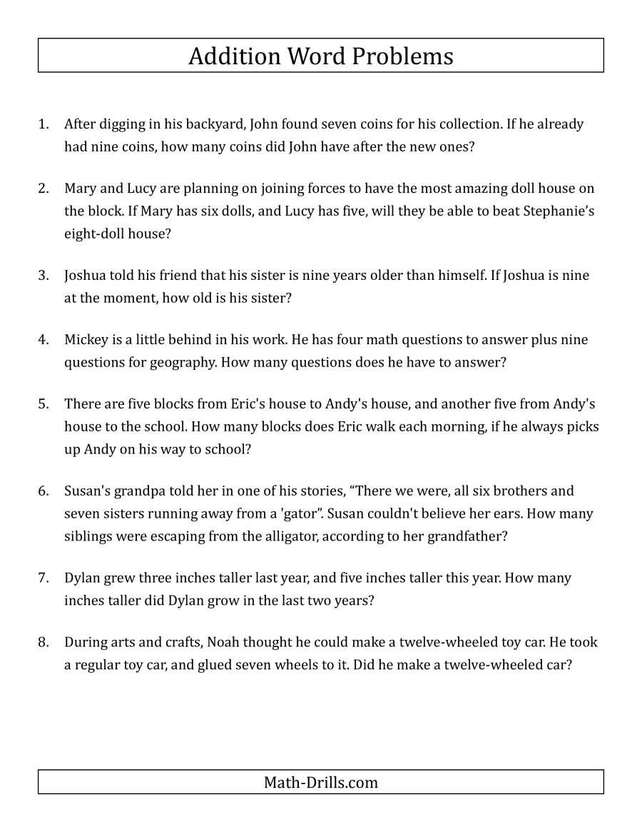 30 Kindergarten Math Worksheets Addition Word Problems 1