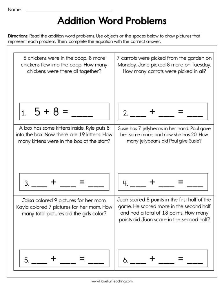 30 Kindergarten Math Worksheets Addition Word Problems 1