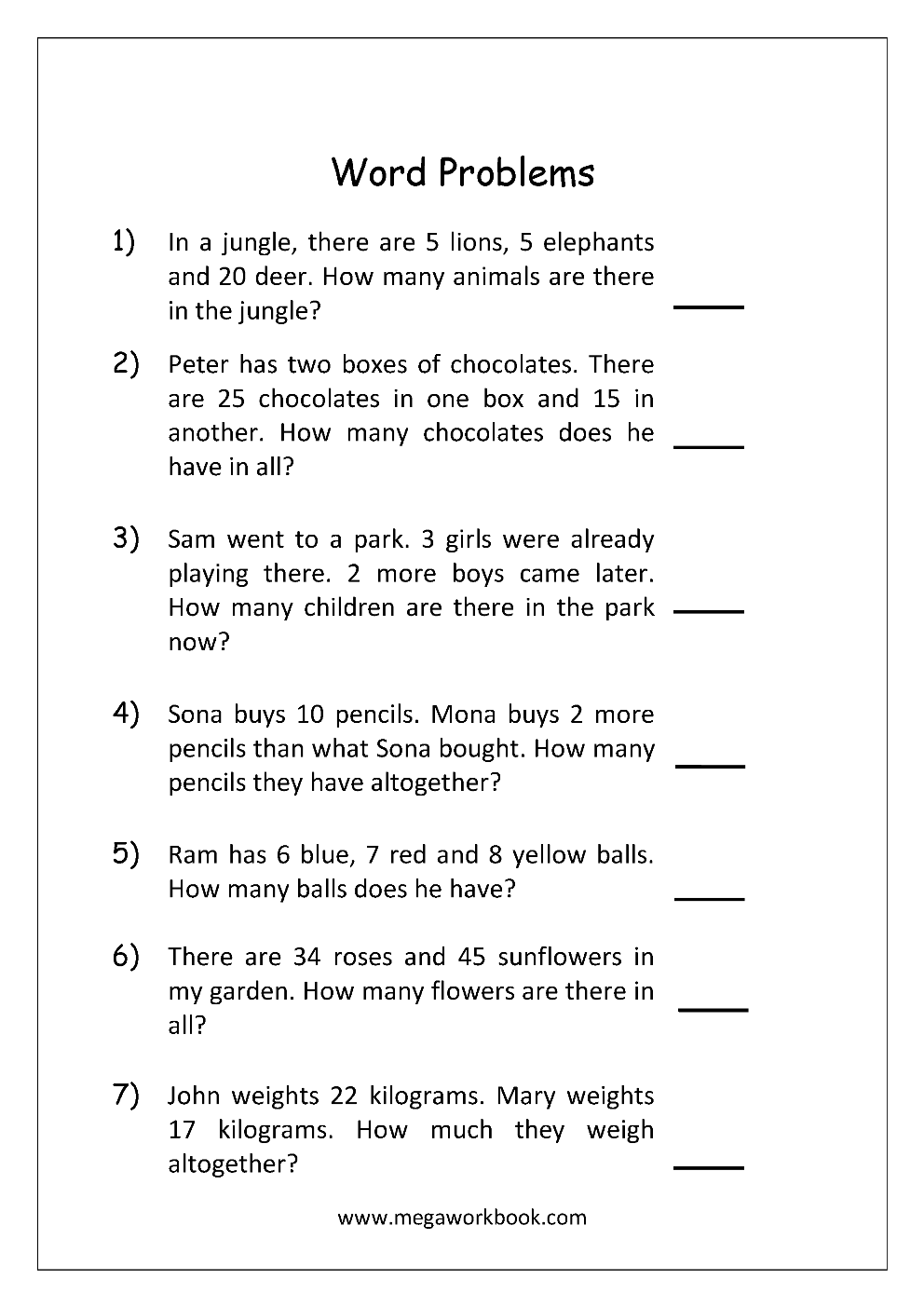 30 Kindergarten Math Worksheets Addition Word Problems 1