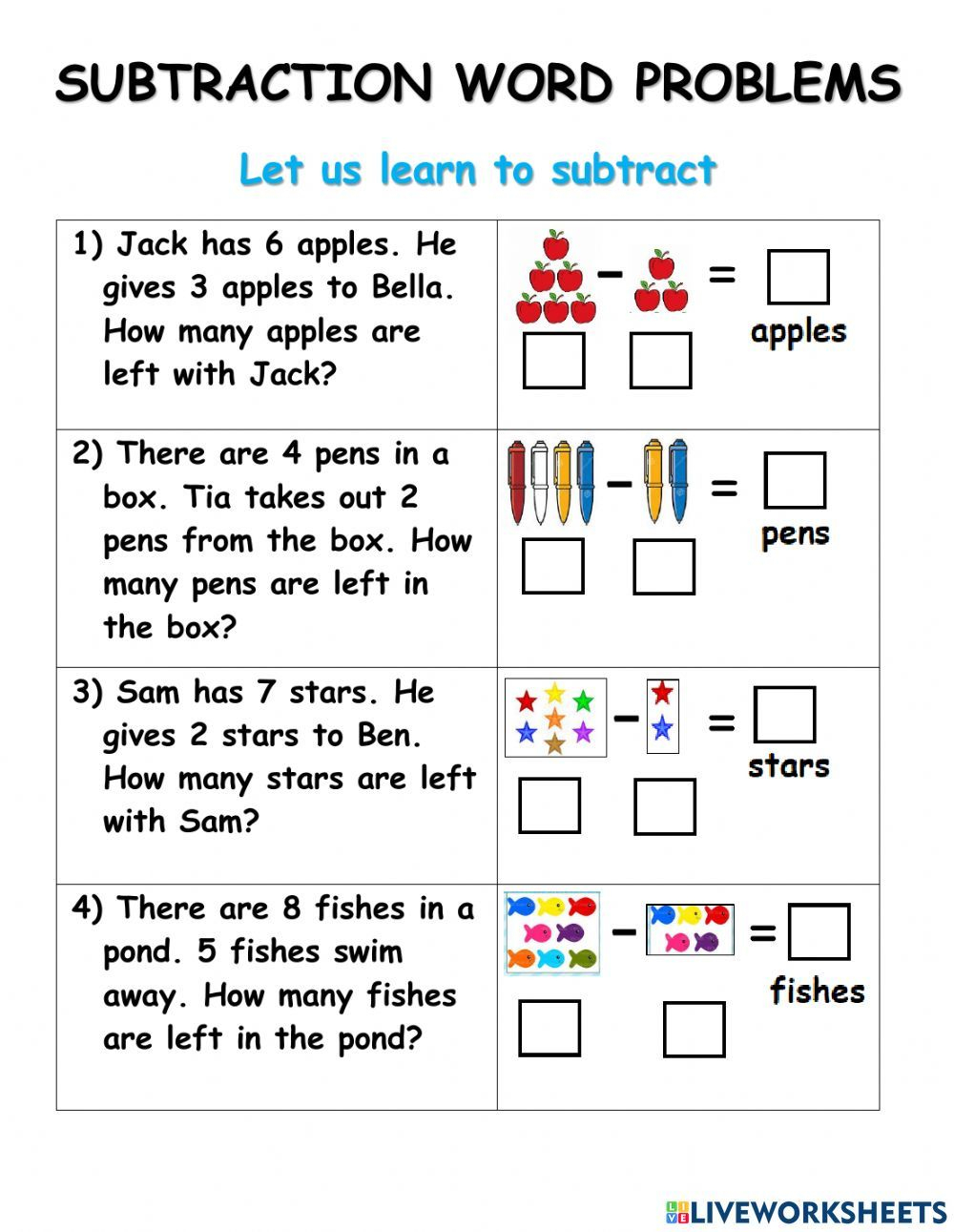 30 Subtraction Worksheets For Kindergarten Word Problems