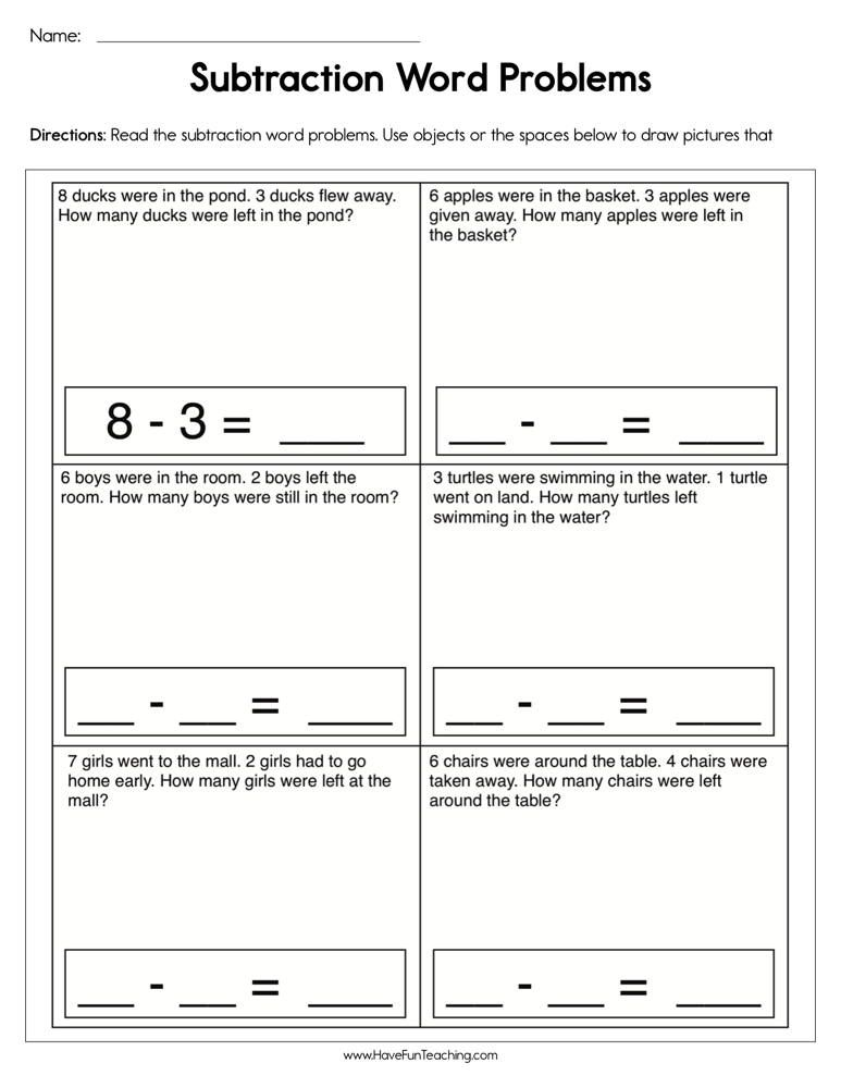 30 Subtraction Worksheets For Kindergarten Word Problems