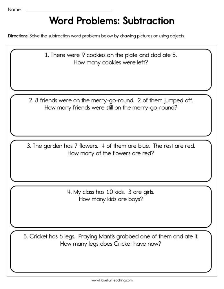 30 Subtraction Worksheets For Kindergarten Word Problems