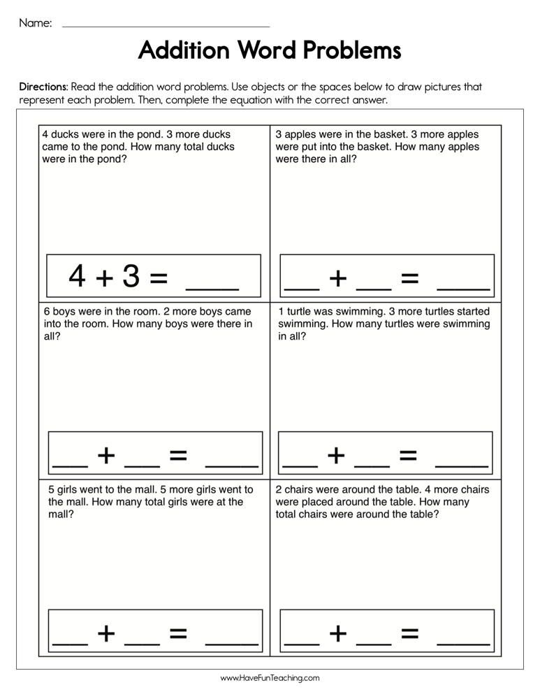 21 Kindergarten Math Worksheets Addition Word Problems 1