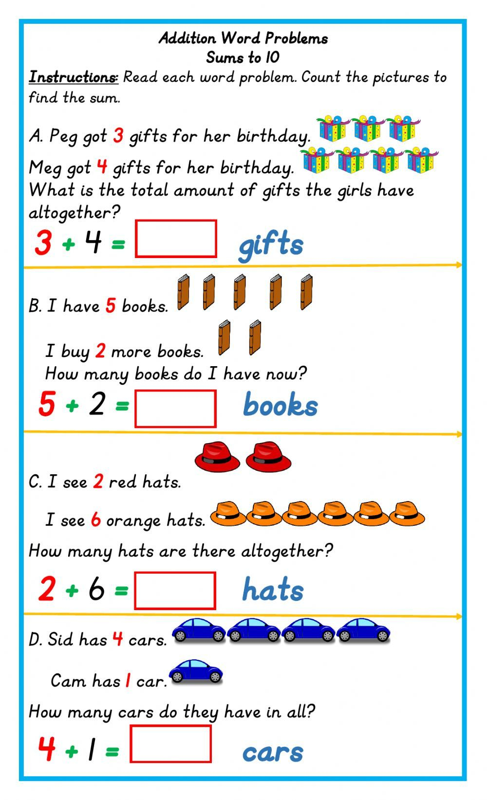 21 Kindergarten Math Worksheets Addition Word Problems 1