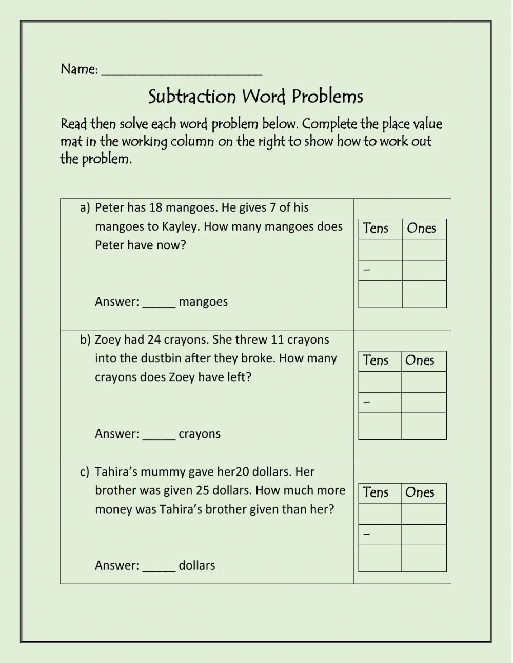 21 Subtraction Worksheets For Kindergarten Word Problems